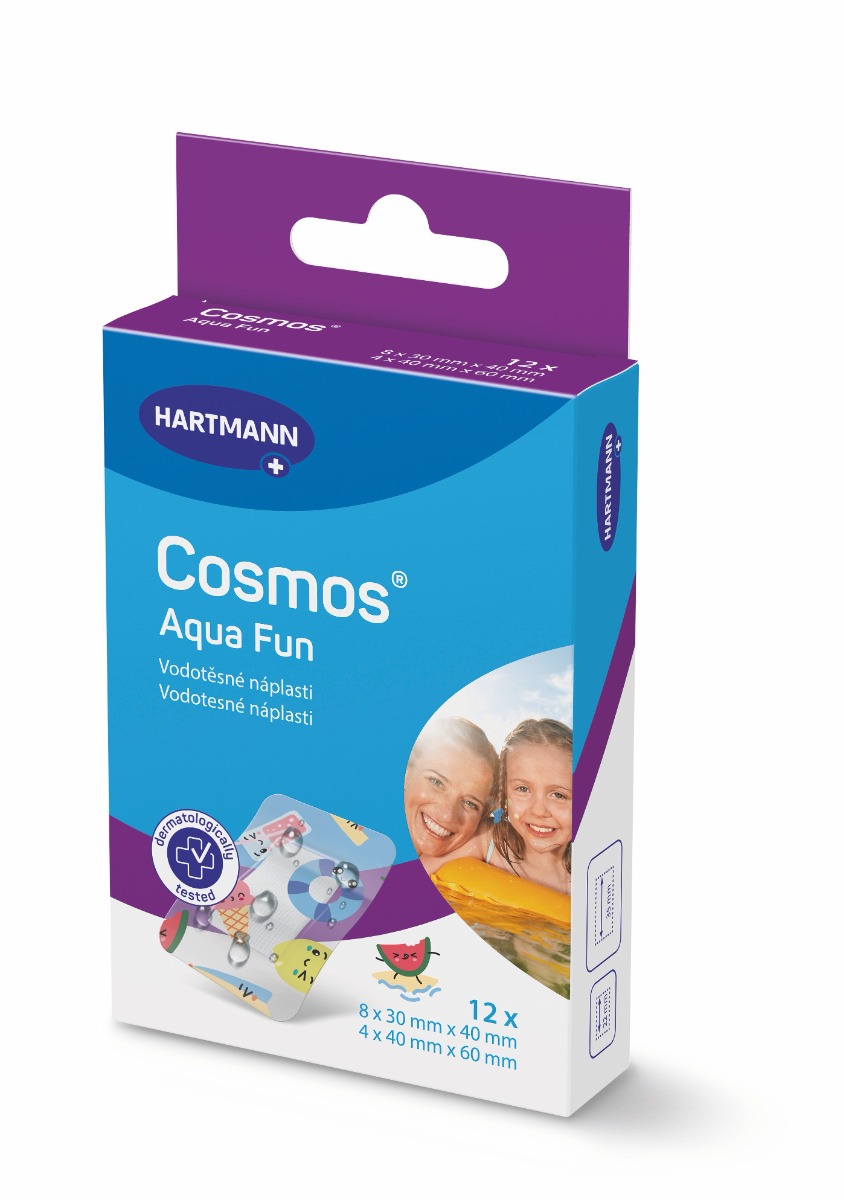 Cosmos Aqua Fun 2 velikosti vodotěsná náplast s dětskými motivy 12 ks Cosmos