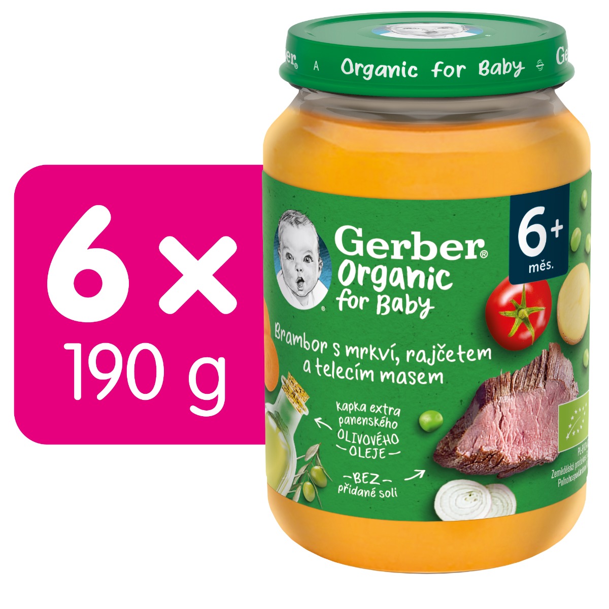 Gerber Organic Zelenina s telecím masem BIO 6m+ 6x190 g Gerber