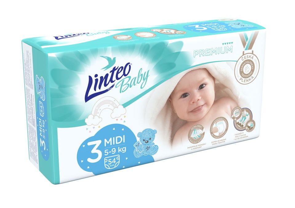 Linteo Baby PREMIUM 3 Midi 5-9 kg dětské plenky 54 ks Linteo Baby