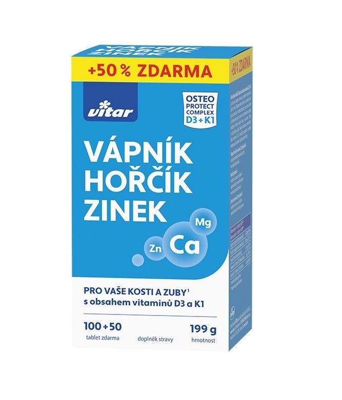 Vitar Vápník + hořčík + zinek + vit.D3 + vit.K1 100+50 tablet Vitar