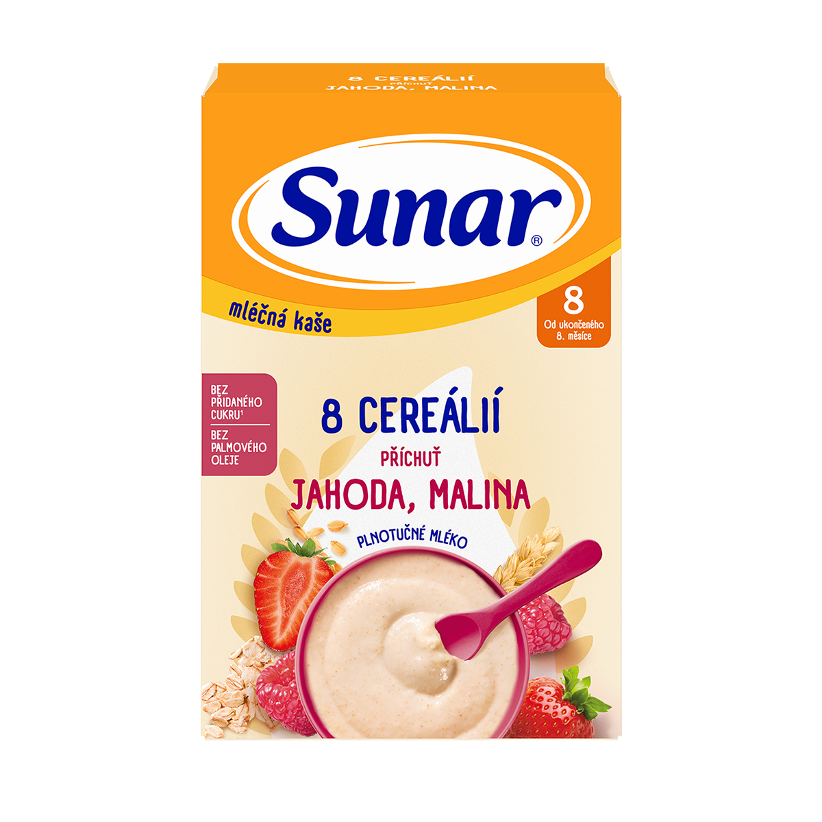 Sunar Mléčná kaše s 8 cereáliemi jahoda a malina 210 g Sunar