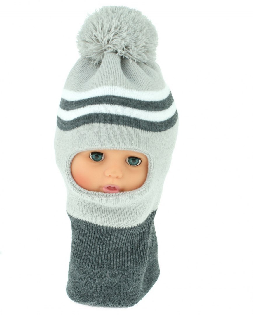 Baby Nellys Zimní čepička/kukla s bambuli - sv. sv. šedá s proužky Baby Nellys