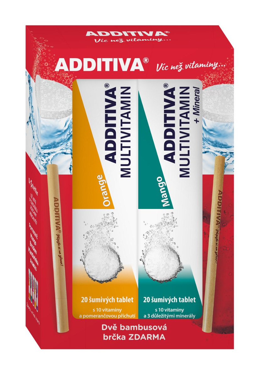 Additiva Multivitamin pomeranč + mango 2x20 šumivých tablet + 2x bambusové brčko Additiva