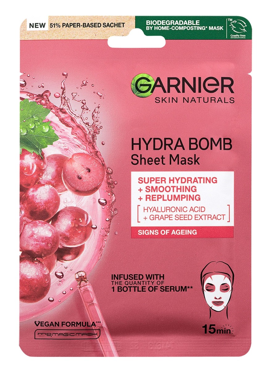 Garnier Skin Naturals Hydra Bomb vyhlazující a vyplňující textilní maska s výtažkem z hroznů 28 g Garnier