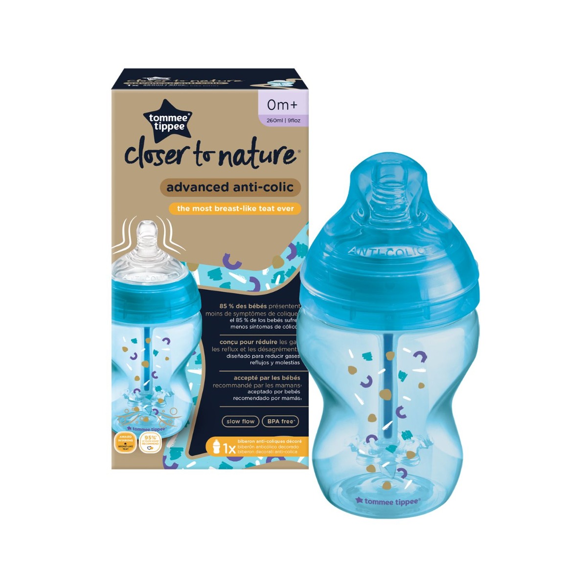 Tommee Tippee Kojenecká lahev ADVANCED ANTI-COLIC Pomalý průtok 0m+ 260 ml 1 ks modrá Tommee Tippee