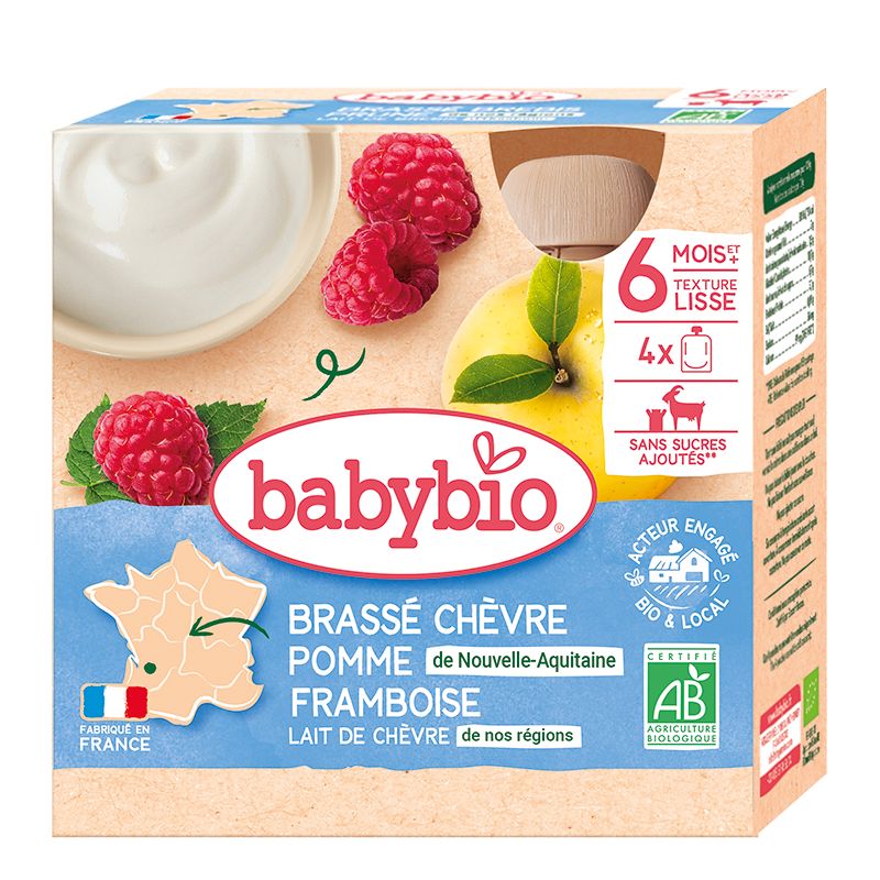 Babybio Svačinka z kozího bio mléka s jablkem a malinami 4x85 g Babybio