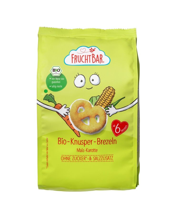 FruchtBar BIO Preclíky s kukuřicí a mrkví nesolené 25 g FruchtBar