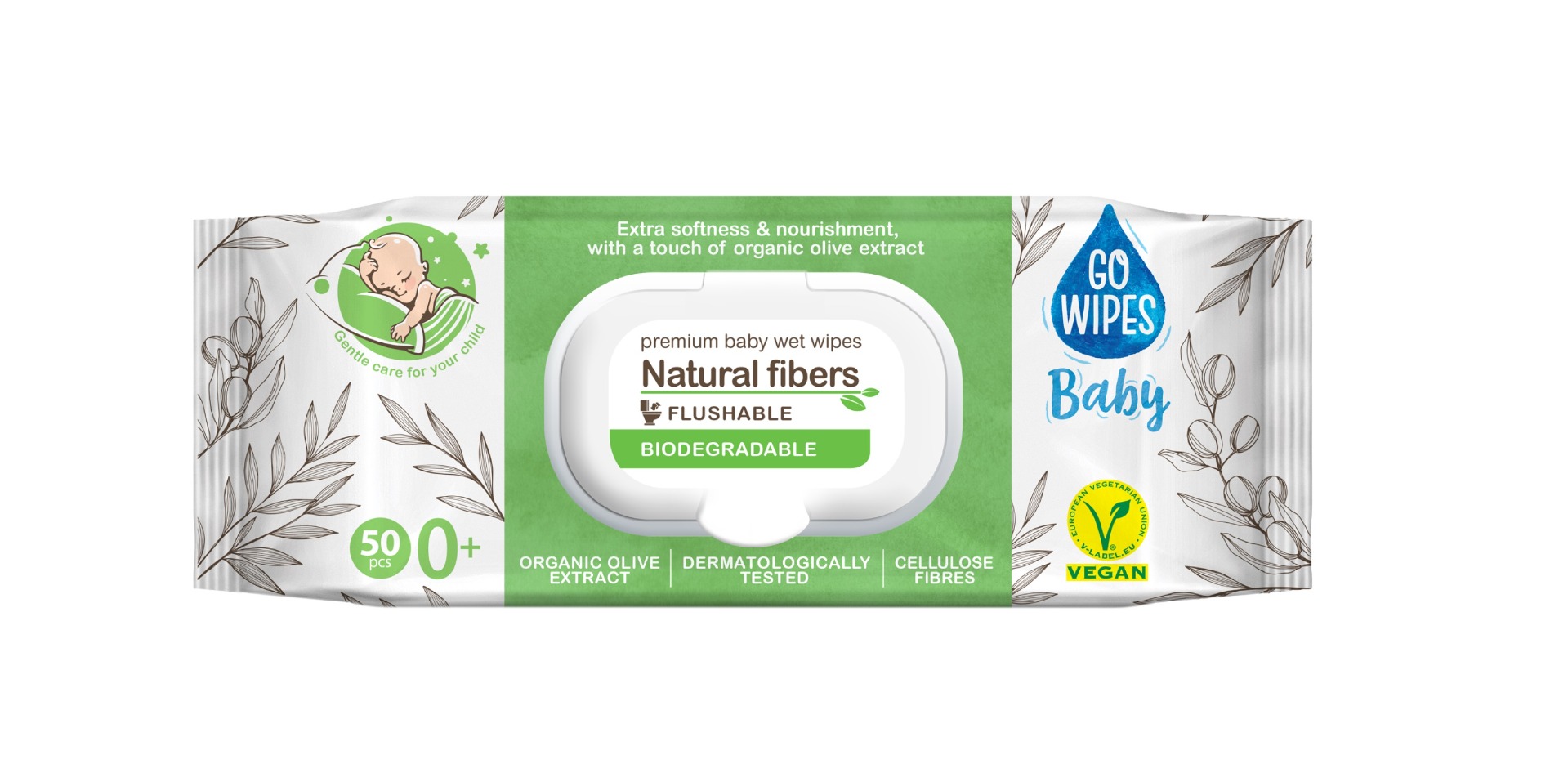 GoWipes Dětské vlhčené ubrousky 99 % vody Plastic Free 50 ks GoWipes