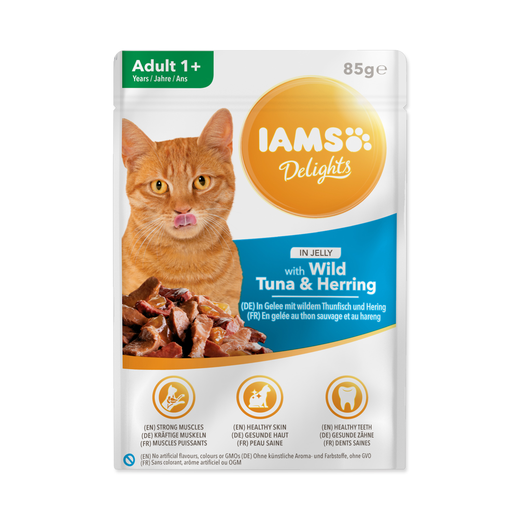 IAMS Delights Adult tuňák a sleď v želé kapsička 85 g IAMS