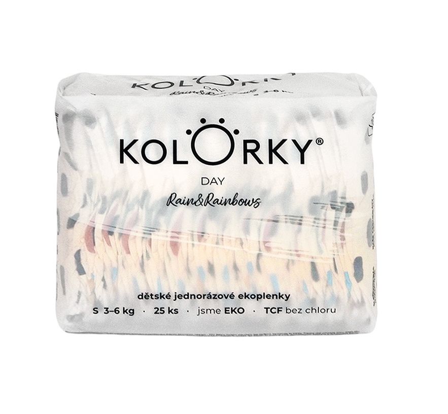 KOLORKY DAY Jednorázové eko plenky vel. S 3-6 kg 25 ks déšť a duhy KOLORKY