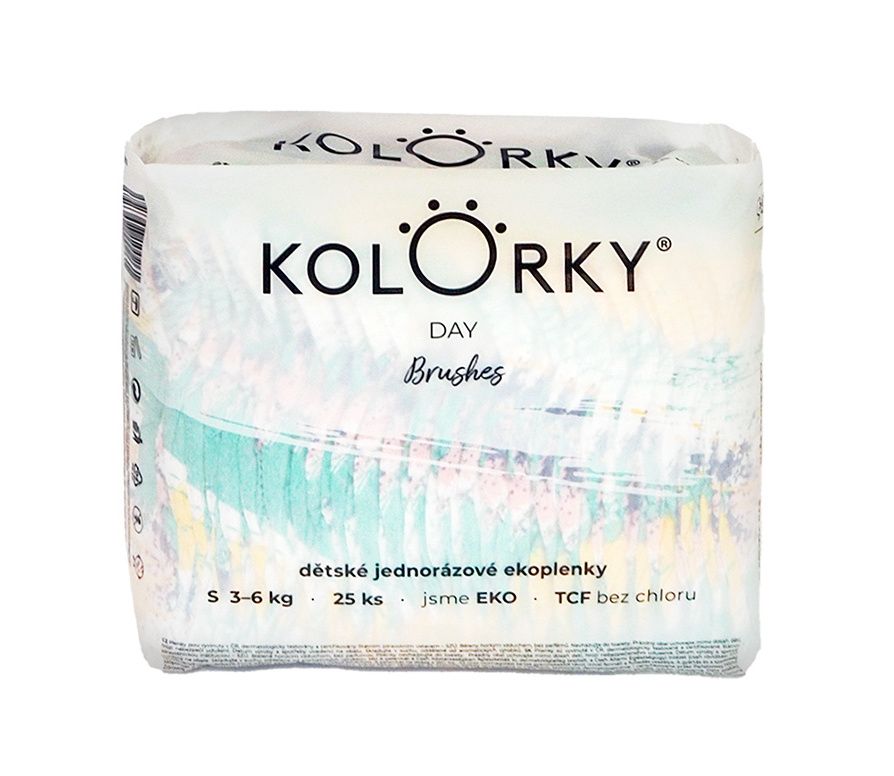 KOLORKY DAY Jednorázové eko plenky vel. S 3-6 kg 25 ks štětce KOLORKY