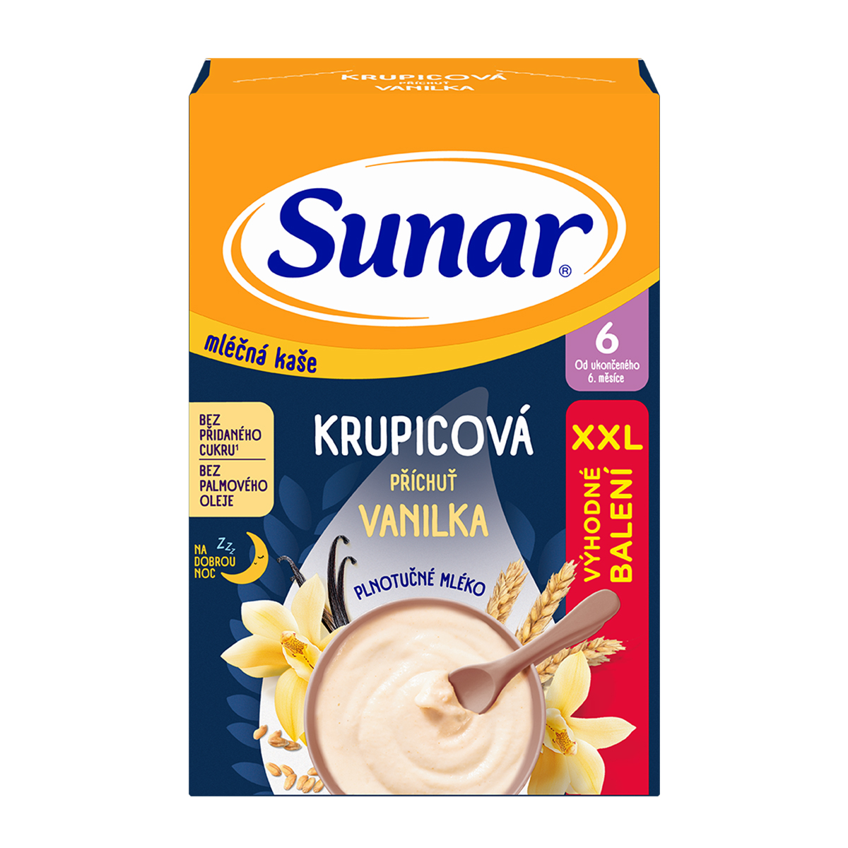 Sunar Mléčná krupicová kaše na dobrou noc vanilková XXL balení 340 g Sunar