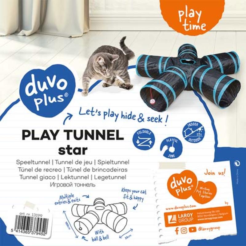 Duvo+ Hrací tunel pro kočky s míčem a zvonkem ve tvaru hvězdy 100x25cm -modroči Duvo+