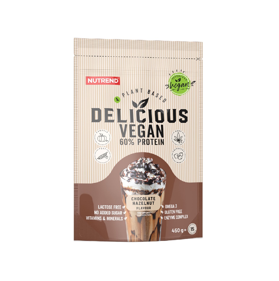 Nutrend Delicious Vegan Protein čokoláda + lískový ořech 450 g Nutrend