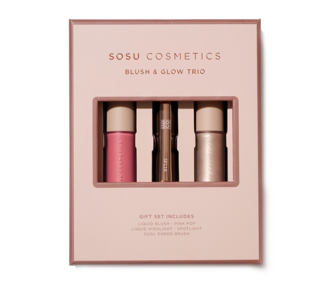 SOSU Cosmetics Tvářenka & Rozjasňovač se štětcem dárková sada 3 ks SOSU